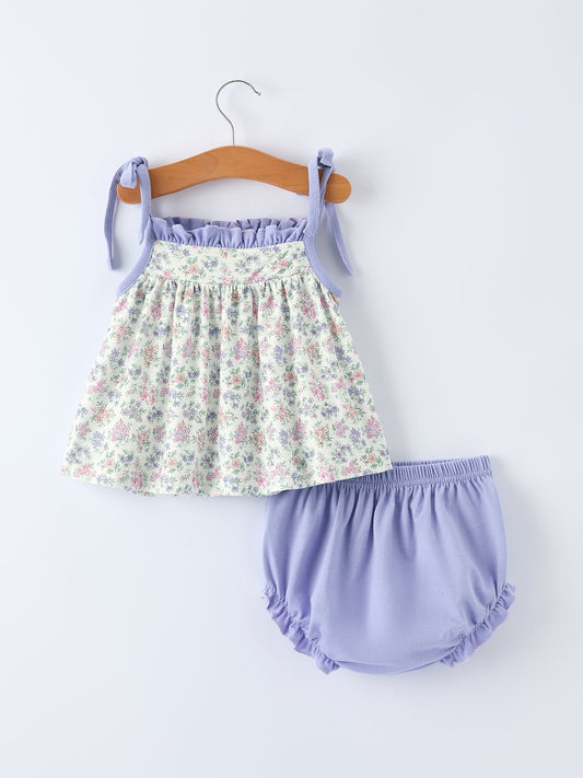 Purple Floral Embroidery Bloomers Set