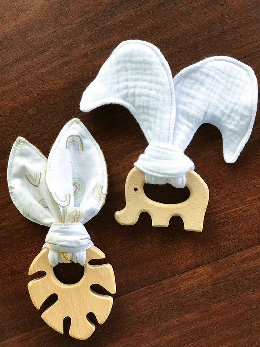 Baby Beech Wood Teether with Organic Cotton Fabric Tie