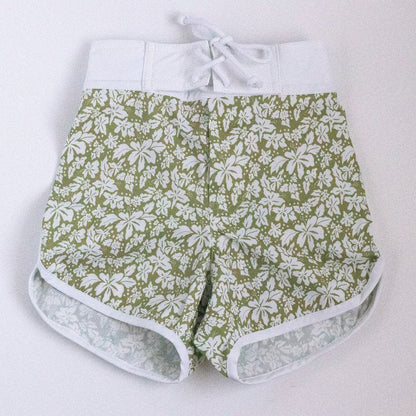 Green Hibiscus Kids Surf Shorts