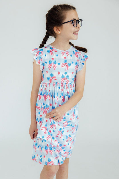 Red, White & Bows Flutter Sleeve Twirl Dress