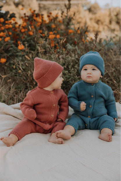 River Garter Stitch Romper in Bluestone