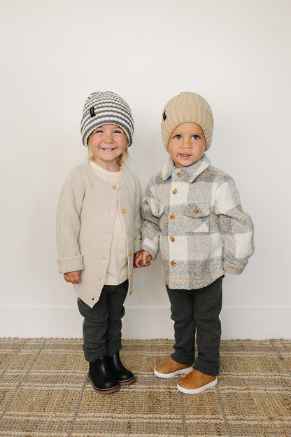 Grey & White Stripe Chunky Knit Beanie